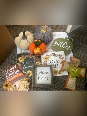 Fall Harvest Decorative Sign & Pumpkin Set - Orange, Cream, Gray